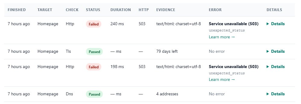 WebCheck check history showing separate HTTP, TLS, and DNS results, including an HTTP 503 alongside healthy infrastructure checks.